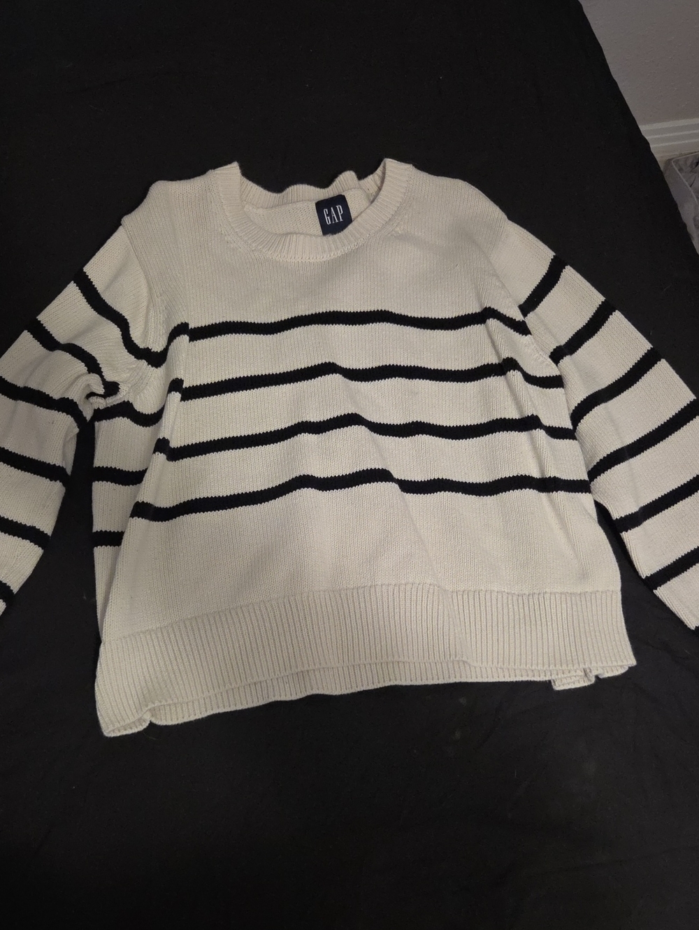 GAP Cream and Black Striped Crewneck Sweater